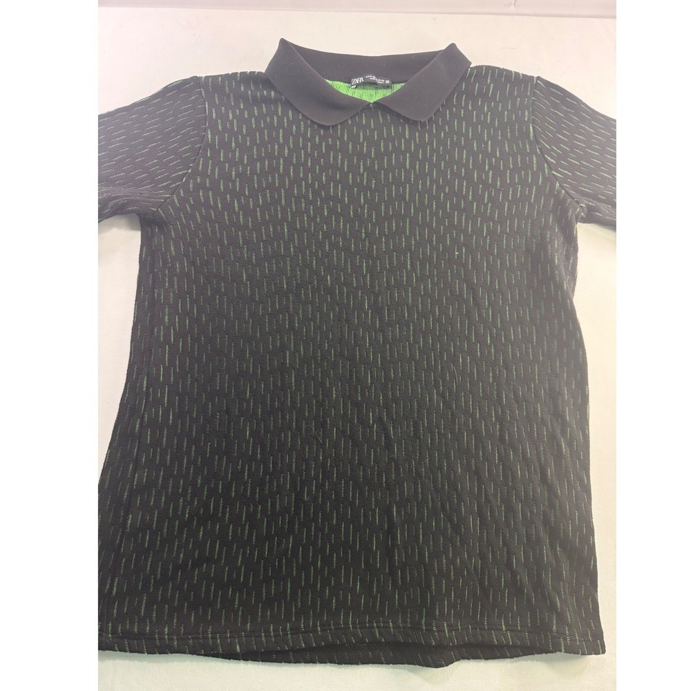 Zara Mens Knit Polo Shirt Size M Black Green Textured Jacquard Short Sleeve‎